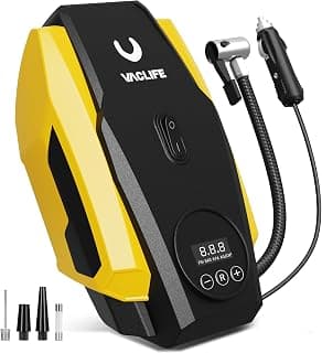 VacLife Air Compressor Tire Inflator - Air Pump for Car Tires - 12V DC Compact Tire Pump with Auto Shutoff Function - Multipurpose Car Accessory with LED Light, Yellow (VL718