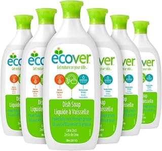 Ecover Liquid Dish Soap, Plant-Based and Biodegradable Dishwashing Liquid That Maximizes Sudsing Action and Minimizes Grease Build Up, Lime Zest Scent, 739 ml Bottle, 6 Pack