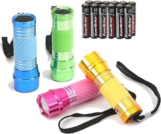 Everbrite 4-Pack Mini LED Aluminum Flashlight Party Favors Colors Assorted with Handle Glow in Dark