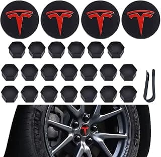 Car Wheel Center Cap Kit Compatible with Tesla Model 3 Y S X Wheel Cap Kit Center Cap Lug Nut Cover Aero Wheel Center Hub Caps Kit (4 Hub Center Cap + 20 Lug Nut Cover) Black & Red Tesla Accessories