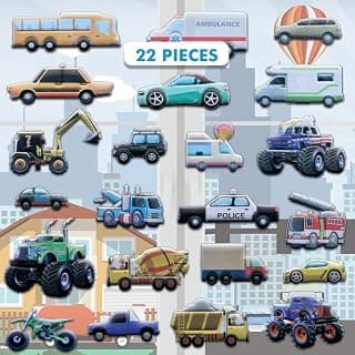 Cars & Trucks Foam Window Clings for Kids (by Incredible Gel and Window Clings)- Reusable and Removable Puffy Stickers -Police and Race Cars, Monster, Tow and Fire Trucks, and More