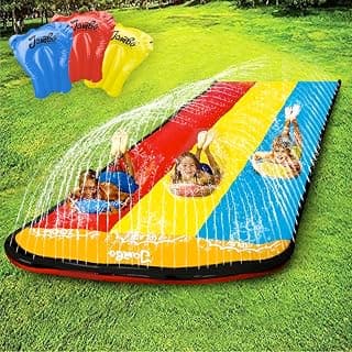 Jambo Triple Lane Slip, Splash & Slide for Backyards | Water Splash Slide with 3 Boogie Boards | 16 Foot Three Sliding Racing Lanes with Sprinklers | Durable Quality PVC Construction