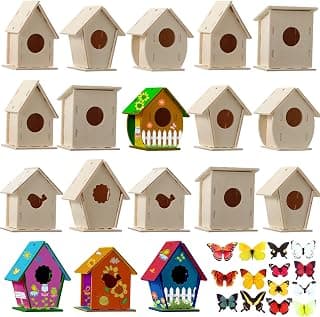 Sawysine 48 Wooden Bird House Kits for Children to Build, 48 Pieces 6 Shapes Wooden Birdhouse, 57 Stereoscopic Butterfly Sticker for Kids Party Art, Craft Kits Boy Girl Crafting, Decorating, KF0445