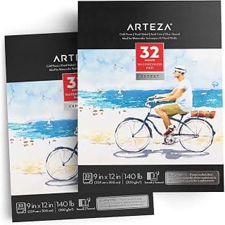 Arteza Watercolor Paper Pad, 9x12 inch, Pack of 2 (32 Sheets Each), Cold Pressed Watercolor Sketchbook, 140lb/300gsm Acid Free Watercolor Paper, Art Supplies for Watercolors & Mixed Media Drawing