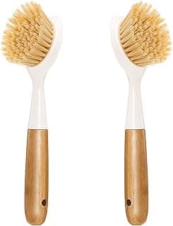 2 Pack Kitchen Dish Brush Bamboo Handle Dish Scrubber, Scrub Brush for Pans, Pots, Kitchen Sink Cleaning, Dishwashing and Cleaning Brushes are Perfect Cleaning Tools