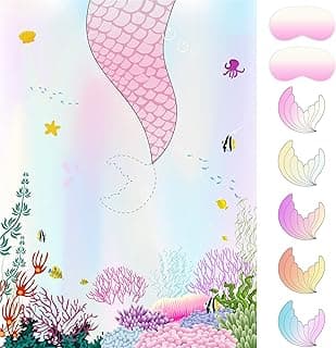 ASTARON Pin The Tail on The Mermaid Game for Kids Birthday Party, Mermaid Party Game with 24 pcs Tail Stickers Birthday Party Supplies for Wall Home Room Decorations