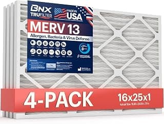 BNX 16x25x1 MERV 13 Air Filter 4 Pack - MADE IN USA - Electrostatic Pleated Air Conditioner HVAC AC Furnace Filters - Removes Pollen, Mold, Bacteria, Smoke