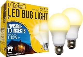Un-Edison A19 14W LED Bug Light Yellow Spectrum E26 Pest Control Bulb for Outdoor Porch & Patio Replacing 100+ Watts of Old, Painted, Incandescent Bug Bulbs 2 Pack