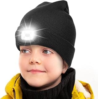 LED Beanie Hat with Light for Kids, 4 LED USB Rechargeable Hands Free Headlamp Cap, Winter Warm Knitted Night Lighted Hat, Flashlight Head Light Skull Cap Boys Girls Gifts (Black)