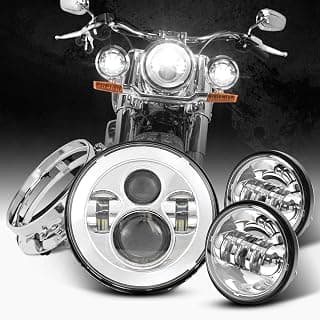Dot Appoved Chrome 7inch LED Headlight with 4.5inch Matching Chrome Passing Lamps Compatible with H arley Motorcycles with Adapter Ring and wire adapter