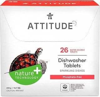 ATTITUDE Dishwasher Tablets, Water-Soluble, Anti-Limescale, Plant- and Mineral-Based Formula, Phosphate-free, Vegan and Cruelty-free, Unscented, 26 Count