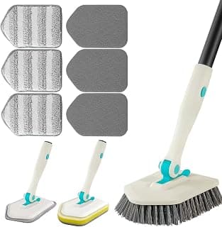 3 in 1 Scrub Cleaning Brush with Long Handle 51'' - Shower Bathtub Tub & Tile Scrubber Brush Include 1 Stiff Brush Head & 3 Scouring Pads & 3 Microfiber Clothes, for Wall Bathroom Glass Bathtub(White)