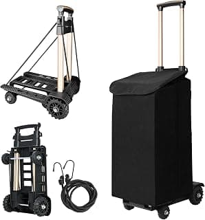 Folding Utility Shopping Cart Rolling Crate Portable Hand Truck Lightweight Trolley with Removable Waterproof Bag 70Kg/155Lbs Adjustable Handle 4 Wheels for Grocery Moving Luggage Laundry(Black+Bag)