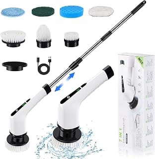 OWZ Electric Spin Scrubber, Electric Scrubber with 7 Replaceable Brush Heads, 360 Power Scrubber with Adjustable Cordless Handle for Bathroom Kitchen Car Tub Floor Tile or Window - White