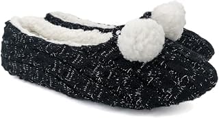 Womens Warm Soft Ballerina Slippers, Metallic Thread Cable Knit Fleece Lining Cute Pom Pom Non Slip House Shoes