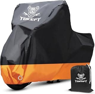 Tokept Motorcycle Cover, All-Season Waterproof Outdoor Sun Protection Fit up to 116 Inch Harley-Davidson Honda Suzuki Kawasaki Yamaha (XXXL Black&Orange)