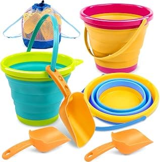 3 Packs Foldable Pail Bucket with Shovels (Bonus Mesh Bag), Collapsible Buckets Multi Purpose for Beach, Camping Gear, Beach Party, Camping and Fishing, and Fun Summer Activities