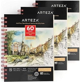 Arteza Mixed Media Sketchbooks, Pack of 3, 5.5 x 8.5 Inches, 60-Sheet Drawing Pads with 110lb Paper, Spiral-Bound, Art Supplies for Wet and Dry Media