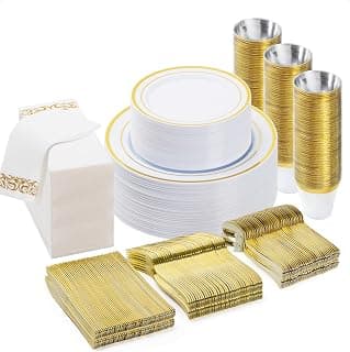 BESTVIP 350PCS Gold Disposable Dinnerware Set (50 Guests), Plastic Plates for Party, Wedding, Party Supplies Include: 100 Plastic Plates, 50 Gold Silverware, 50 Cups, 50 Napkins