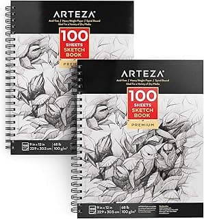 Arteza Sketch Book 2-Pack, 9x12 Inches, 200 Sheets, 100 Sheets Each Drawing Book, 68 lb, 100gsm Paper, Spiral Bound Artist Sketch Pad, Durable Acid Free Drawing Pad, for Adults and Teens, Bright White
