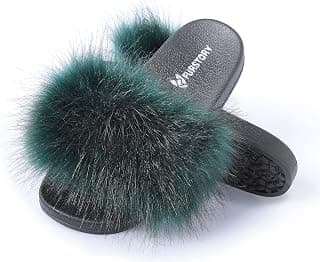 Women's Furry Slides Faux Fur Slides Fuzzy Slippers Fluffy Sandals Outdoor Indoor