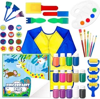 Washable Finger Paint Set, Shuttle Art 46 Pack Kids Paint Set with 14 Colors(60ml) Finger Paints, Brushes, Finger Paint Pad, Sponge, Palette, Smock, NonToxic for Toddlers Home Activity Early Education