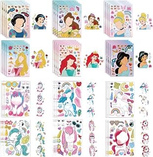 24 Pcs Make Your Own Stickers for Kids, Make-a-Face Unicorn & Princess Stickers Party Favors Decorations Princess Sticker Creativity Imagination for Kids Girls toddlers (12Unicorn&12Princess)