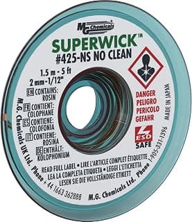MG Chemicals 400-NS Series #3 No Clean Super Wick Desoldering Braid, 0.075" Width x 5' Length, Green (425-NS)