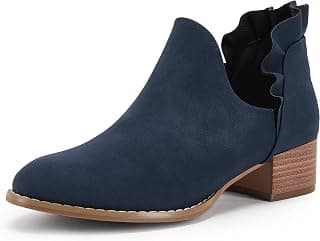 Womens Fall Cutout Booties Ankle Heels Low Stacked Ruffle Slip On Dress Short Boots Shoes