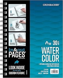 Grumbacher 7" x 10" Watercolor Paper Pad with in & Out Pages, 140 lb./300 GSM, Side Wired, 30 White Sheets, 1 Pad Each
