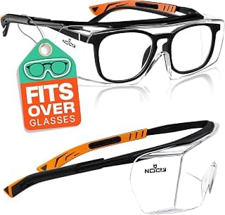 NoCry Safety Glasses That Fit Over Your Prescription Eyewear. Clear Anti-Scratch Wraparound Lenses, UV400 Protection, ANSI Z87 & OSHA Certified. Use in the Lab, Travelling, Black & Orange Frames