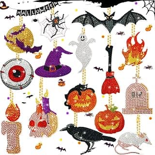 15 Pcs Halloween DIY Diamond Key Chain Making Kit,5D Diamond Painting Keychains Ring Diamond Art Ornaments for DIY Arts Crafts Accessories for Christmas Halloween Holiday Decor