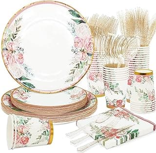 Floral Party Supplies bridal shower paper plates and Napkins Sets for 24 Guest-Floral Party Disposable Paper Dinner Plates,Cups,Knives, Spoons, Forks, for Baby Shower Birthday Bridal Shower Tea Party