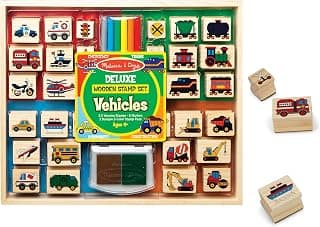 Melissa and Doug Deluxe Wooden Stamp and Coloring Set – Vehicles (30 Stamps, 6 Markers, 2 Durable 2-Color Stamp Pads)