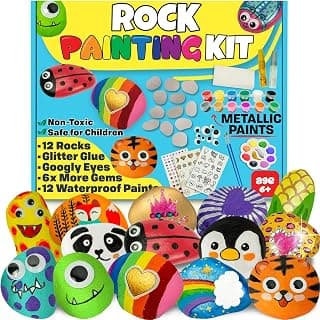 JOYEZA Deluxe Rock Painting Kit, Arts and Crafts for Girls Boys Age 6+, 12 Rocks, Best Tween Gift Art Set, Waterproof Paints, All-Inclusive Craft Kits Art Supplies, Kids Activities Age 4 5 6 7 8 9 10