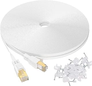 Cat 7 Ethernet Cable 100 ft, Supports Cat 8 / Cat7 Standard, High Speed RJ45 Gaming Patch Cord, Durable Flat Internet Computer LAN Wire, Indoor&Outdoor for Router, Switch, Modem, PS4/5, Xbox, White