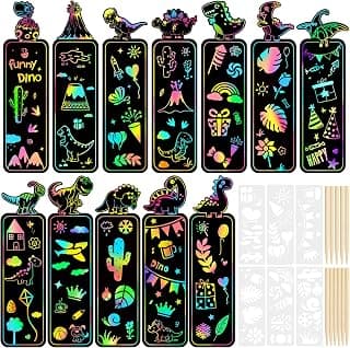 APODESS 48pcs Dinosaur Scratch Art Bookmarks Dino Magic Scratch Paper Dinosaur DIY Gift Tags with 12pcs Wooden Stylus for Kids Students School Classroom Jurassic Themed Party Favor