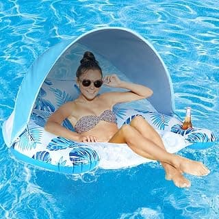 COOLCOOLDEE Pool Float with Canopy, Cup Holder - XL Pool Chair Lounge Float with Adjustable Sun Shade Cover, Drink Holder, Ergonomic Headrest,Inflatable Pool Float for Adults