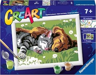 Ravensburger CreArt Sleeping Cat & Dog Paint by Numbers Kit for Kids - Painting Arts and Crafts for Ages 7 and Up