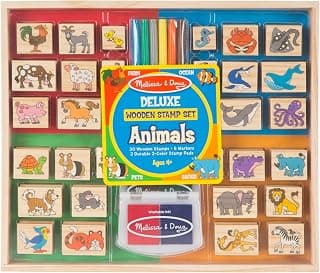 Melissa & Doug Deluxe Wooden Stamp Set: Animals - 30 Stamps, 6 Markers, 2 Stamp Pads | Kids Art Projects, Wooden Stamps With Washable Ink, Wooden Animal Stamps For Kids Ages 4+
