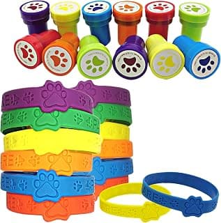 4E's Novelty Paw Print Party Favor Set, 24 Rubber Bracelets, 24 Stamps - Paw Print Party Favors Supplies, Great Party Favor, Gift, Goody Bag Stuffer For Kids