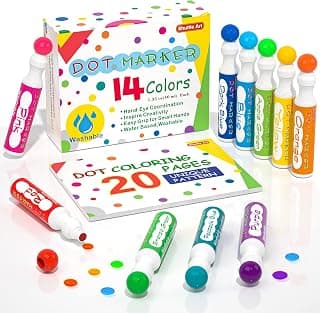 14 Colors Dot Markers,Shuttle Art Highly Washable Bingo Daubers Dabbers Dauber Dawgs for Kids Toddlers Preschool Children Art Craft Supply with 10 Patterns Double Adhesive Paper