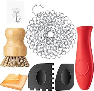 7 Pieces Cast Iron Cleaner Set Include Stainless Steel Chainmail Scrubber with Bamboo Dish Scrub Brush Hot Handle Holder 2 Pan Grill Scrapers Kitchen Towel Wall Hook