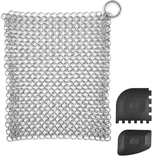 TIMESETL Cast Iron Cleaner, Stainless Steel Chainmail Scrubber Cast Iron Skillet Cleaner with Pan Grill Scraper for Skillets, Griddles, Pans and Woks, Set of 3