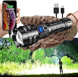 Worlds Brightest Flashlight 80000 Lumens LED Display Most Powerful Flashlights Self Defense Tail Striker Cap Car Window Breaker Emergency Tool Highest Lumen Strong Tactical EDC Lights Power Outage