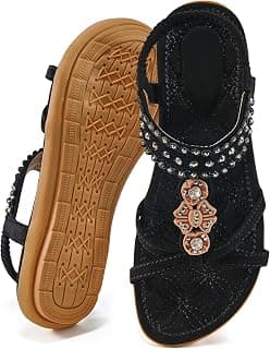 Womens Sandals Flip Flops for Women with Arch Support Comfort Slip on Casual Bohemia Beach Rhinestone Sandal Ladies Travel Walking Flats Shoes