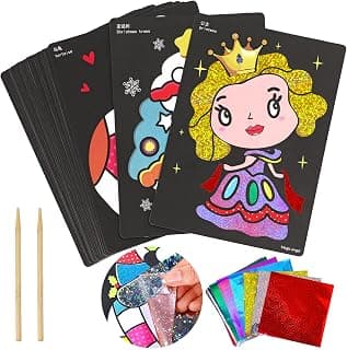 DPKOW 52pcs DIY Fab Foil Art Kit, Include 20 Sheets Fab Foil Art Picture, 30 Foil Transfer Paper and 2 Wooden Stylus for Kids Classroom Art and Crafts Gift, Rainbow Butterfly Owl Fish Rocking Horse