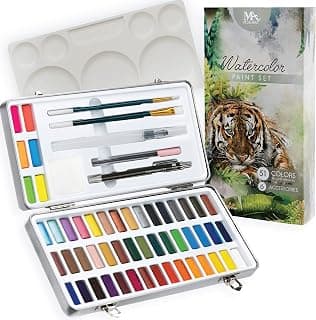 Watercolor Paints Set, 51 Watercolors and 7 Essential Painting Accessories in a portable Metal Box. Includes Classic, Neon, and Metallic Colors. A complete Travel watercolor set for Artists and Hobbyists.