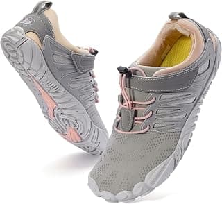 Women's Minimalist Barefoot Shoes Zero Drop Trail Running 5 Five Fingers Sneakers Size 8.5 Wide Toe Box for Female Lady Flat Heel Minimal Comfortable Hiking Trekking Gym Walking Grey Pink 39