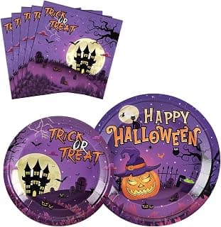 Halloween Plates and Napkins Set - Halloween Party Supplies 48Pcs Disposable Paper Plates Napkins for Kids Purple Tableware Set Halloween Birthday Decorations Pumpkin Ghost Dinnerware Serve 16 Guests